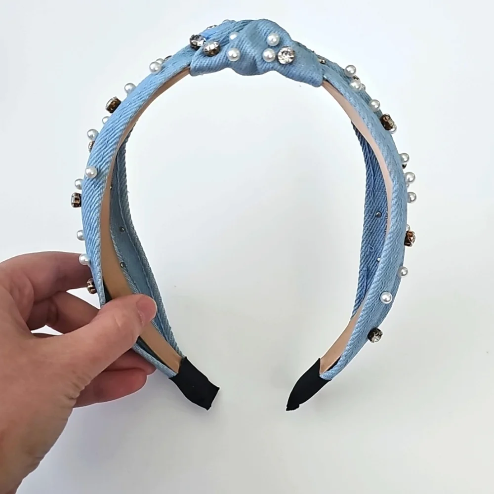 NWOT Elegant Blue Denim Pearl-Embellished Top Knot Headband